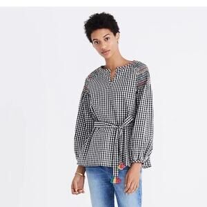 Madewell Embroidered cotton festive Smocked Gingham Top Large A001816